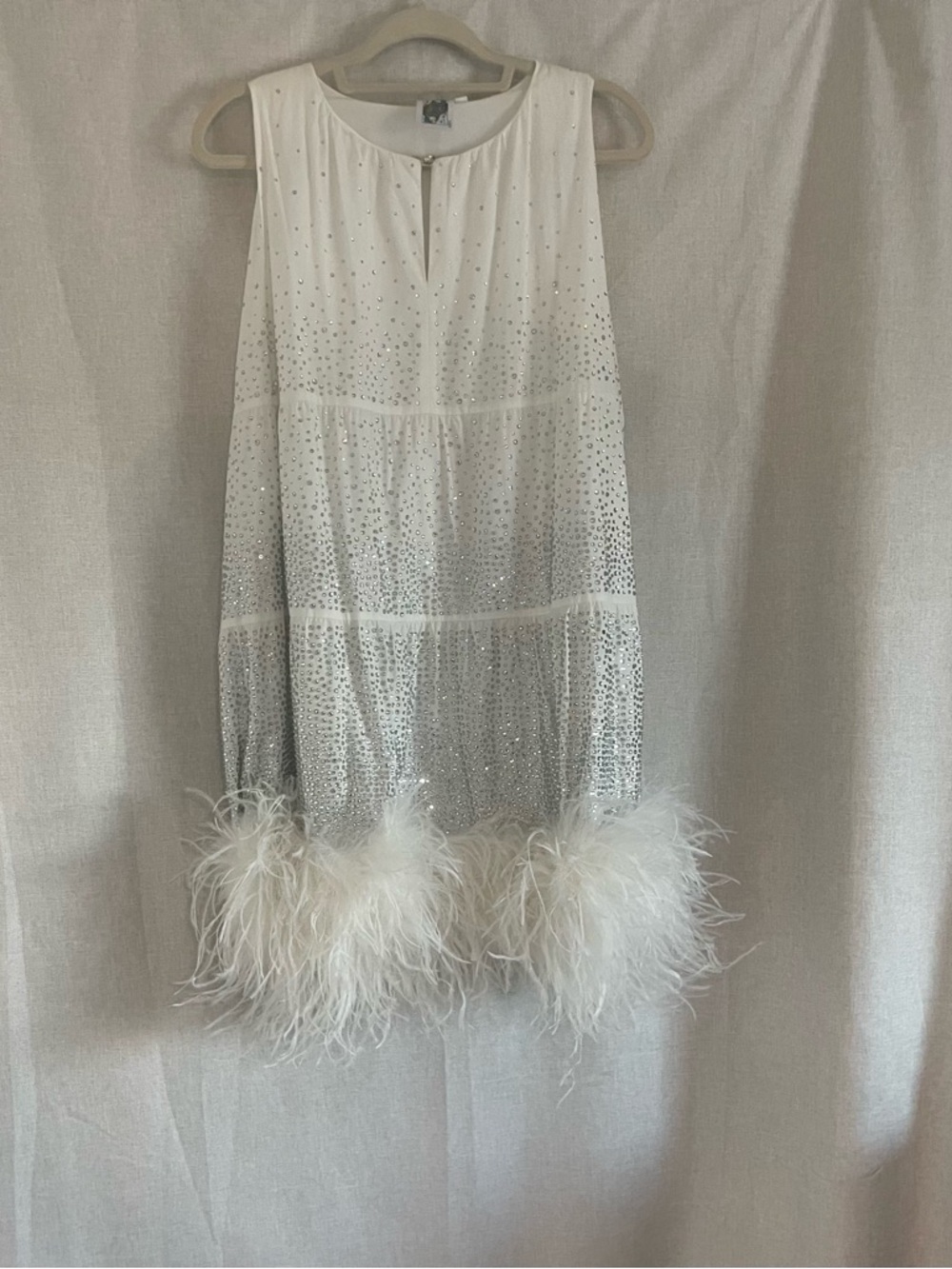 QUEEN OF SPARKLES White Silver Sequin Feather-Trim Midi Dress